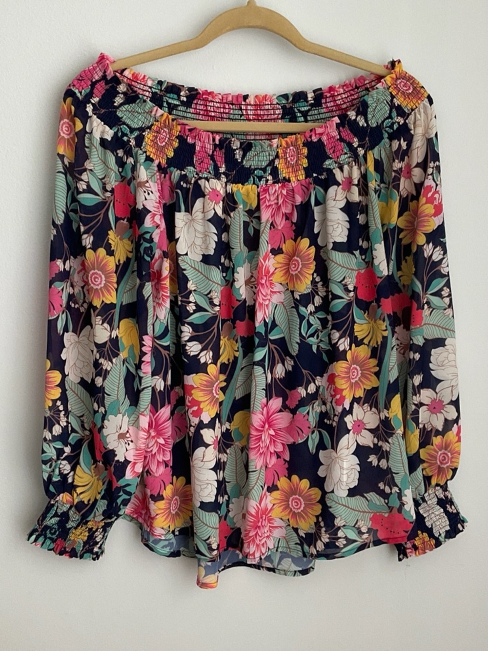 Umgee Medium Navy Floral Off-Shoulder Blouse with Pink, Yellow and Mint Accents - Picture 1 of 11